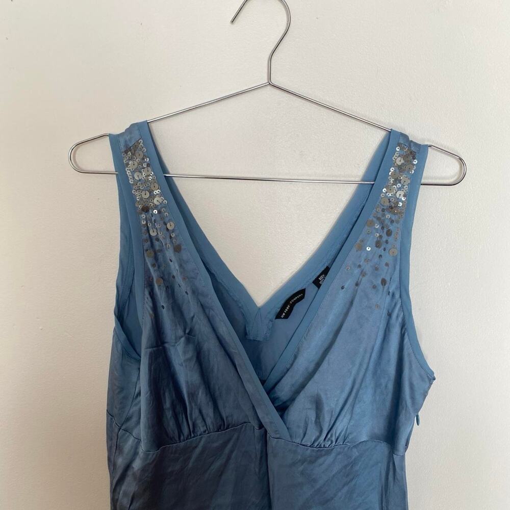 Vintage Powder Blue Sequined 100% Silk V-Neck Blouse Women's 10